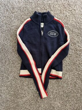 American Eagle Outfitters Navy Zip Front Sweater with Red & Cream Stripes